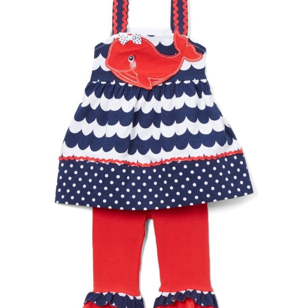 Whale Wave Blue Tunic Red Ruffle Leggings Outfit Set